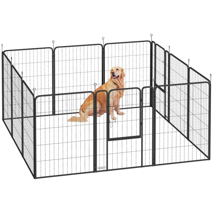 Meilleurs prix pour Parc pour chien - PawHut - 12 panneaux modulable, pliable, portable - avec porte - intérieur et extérieur - en acier - 100H cm noir