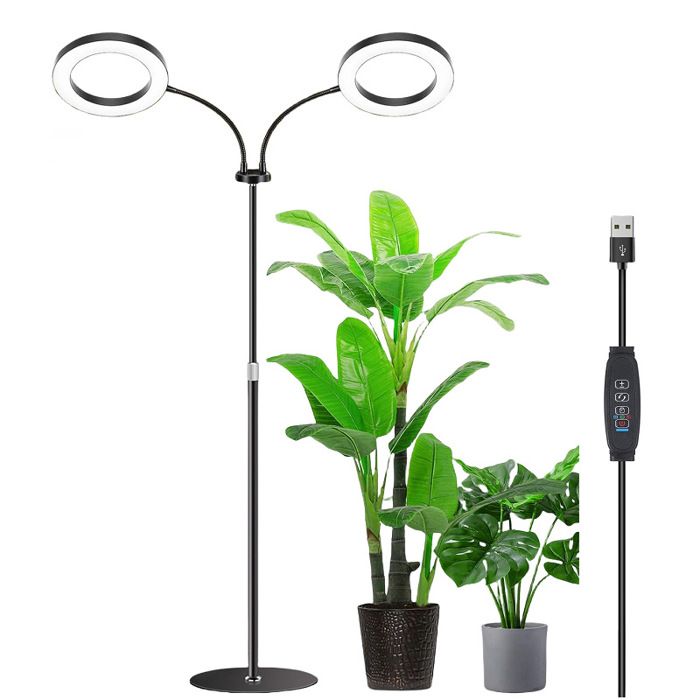 Lampe de culture LED - Double tête - Spectre complet 6000K (380–800 nm) - Hauteur réglable 58–170 cm - Minuterie 6/12/16 h