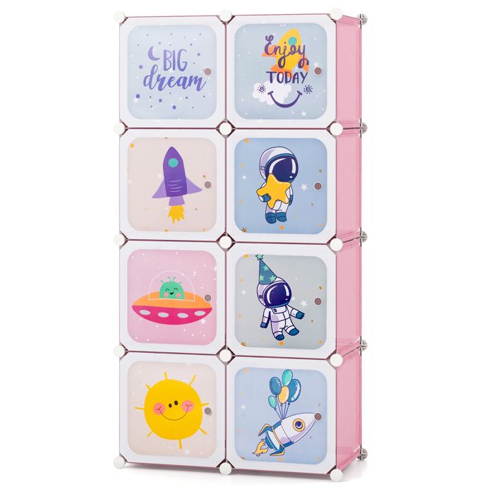 GOPLUS de Rangement pour Enfants Étagère Modulaire avec 7 Compartiments Barre de Suspension Poignée Découpée 74x36x144cm Rose