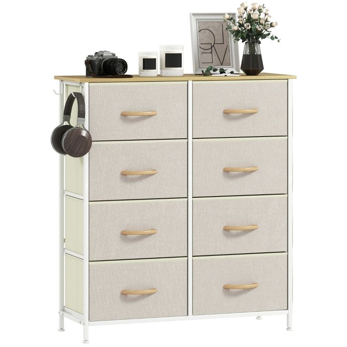 Buffet de salon - Buffet bas - 8 tiroirs en tissu - Cadre en acier - Beige 86x30x94.5 cm