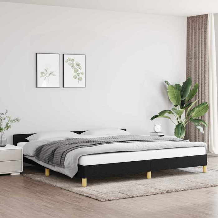 Cadre de lit en tissu - Happiness - 200x200 cm - Noir - Tissu polyester - Contreplaqué - Bois dingénierie