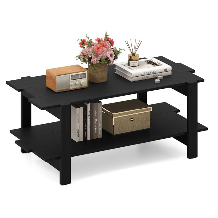 GIANTEX Table Basse Rectangulaire à 2 Niveaux- Étagère de Rangement Ouverte- Bureau Salon- 115 x 59 x 46 cm- Noir