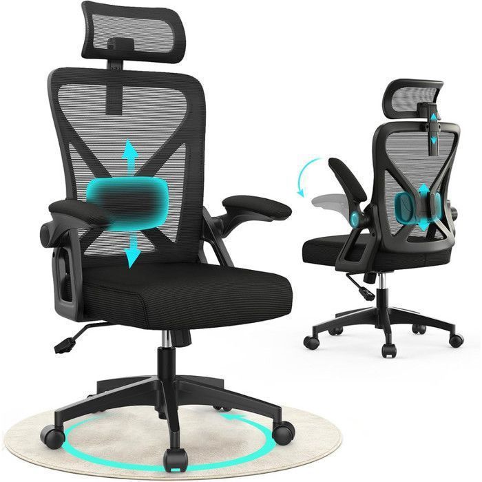 Chaise de bureau ergonomique dossier accoudoirs et appui-tête réglables coussin moelleux et assise en tissu respirant noir