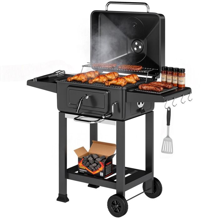 Barbecue charbon de bois - Outsunny - avec couvercle bac à charbon et évents réglables 600°C thermomètre - métal - 112cm - noir