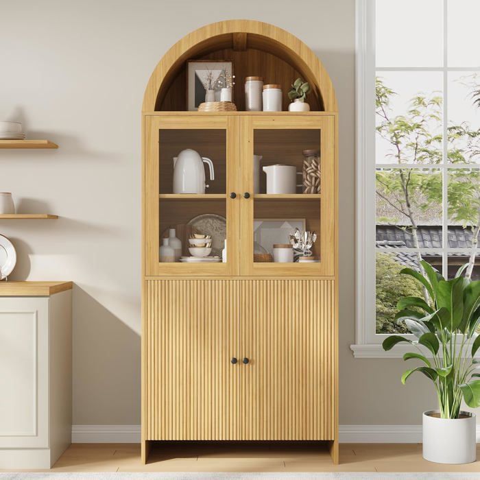 Buffet vitrine avec Portes en Verre Meuble de Salon avec Plafond voûté et Motif ondulé Armoire de Rangement fermée en Bois