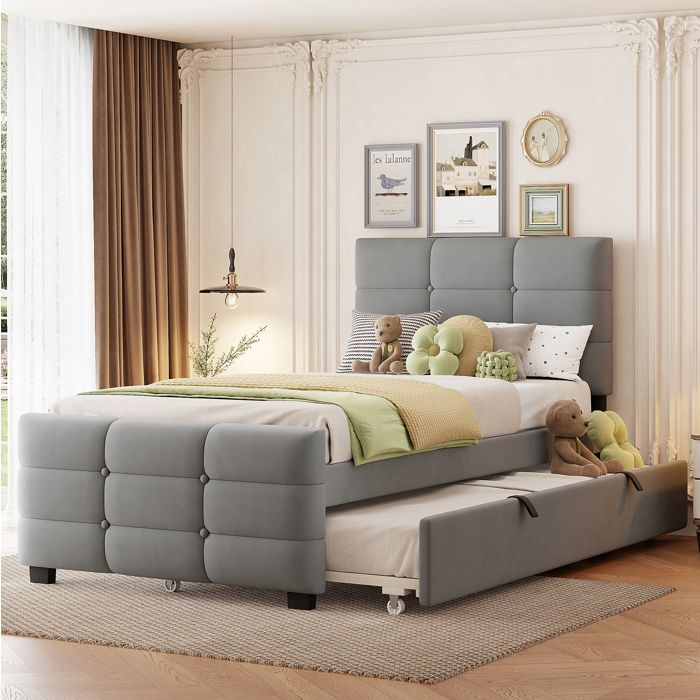 Lit enfant 90 × 190 cm en velours gris avec lit gigogne 203 × 96 × 117 cm