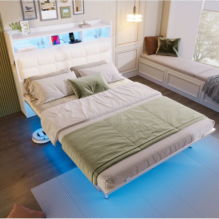 Lit double 140 x 190 cm avec LED tête de lit et 2 chevets coulissants blanc