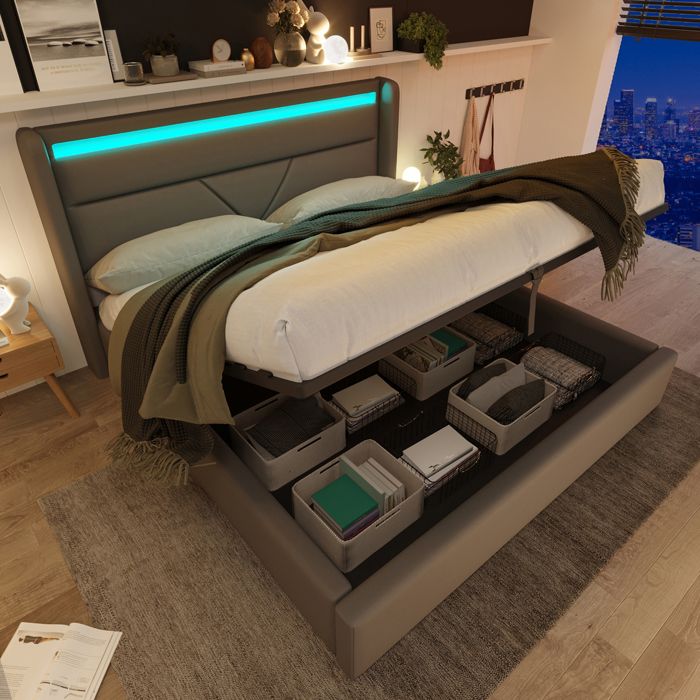 Lit Coffre Hydraulique 160x200 cm Lit 2 Places Rembourré avec Rangement LED Tête de Lit Sommier Relevable - Similicuir PU - Gris