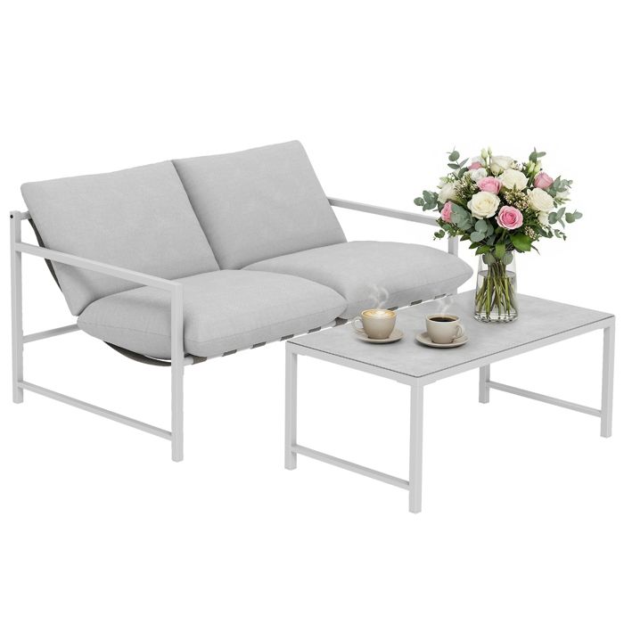Salon de jardin - mobilier de jardin - Outsunny - 2 pièces canapé table basse coussins - acier verre - 125x80x64cm - gris clair