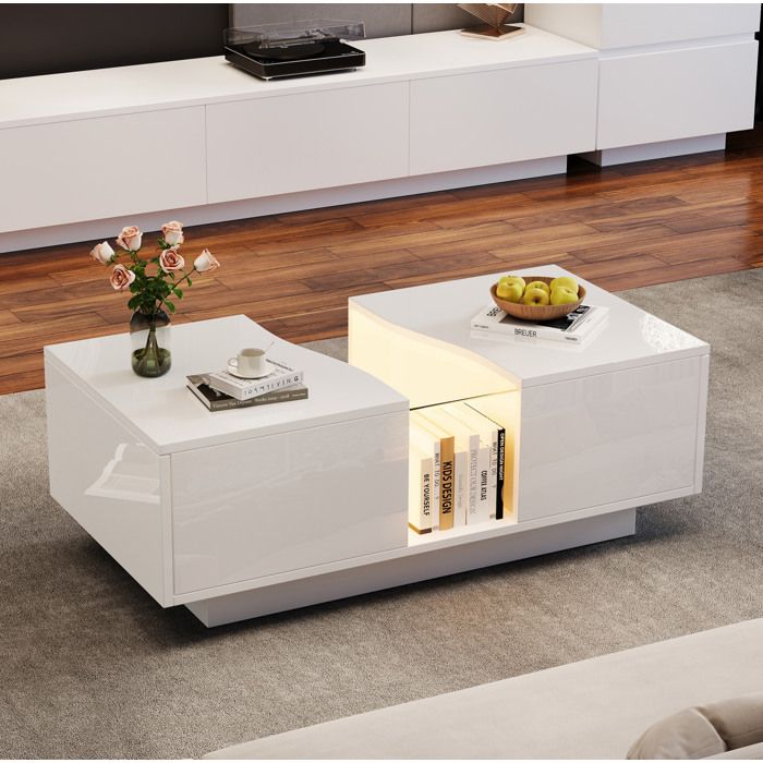 Table basse blanche 100 x 50 x 35 cm MDF brillant LED réglable 2 tiroirs plateau acrylique