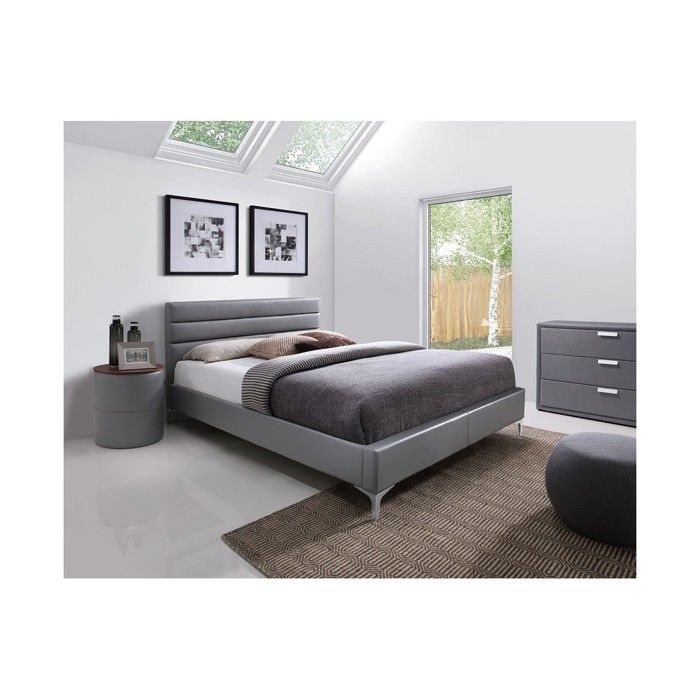Ensemble lit THOMAS 160x200 avec sommier + 2 tables de chevet rondes – Gris et bois Ensemble lit THOMAS 160x200 avec sommier + 2 tables de chevet rondes – Gris et bois