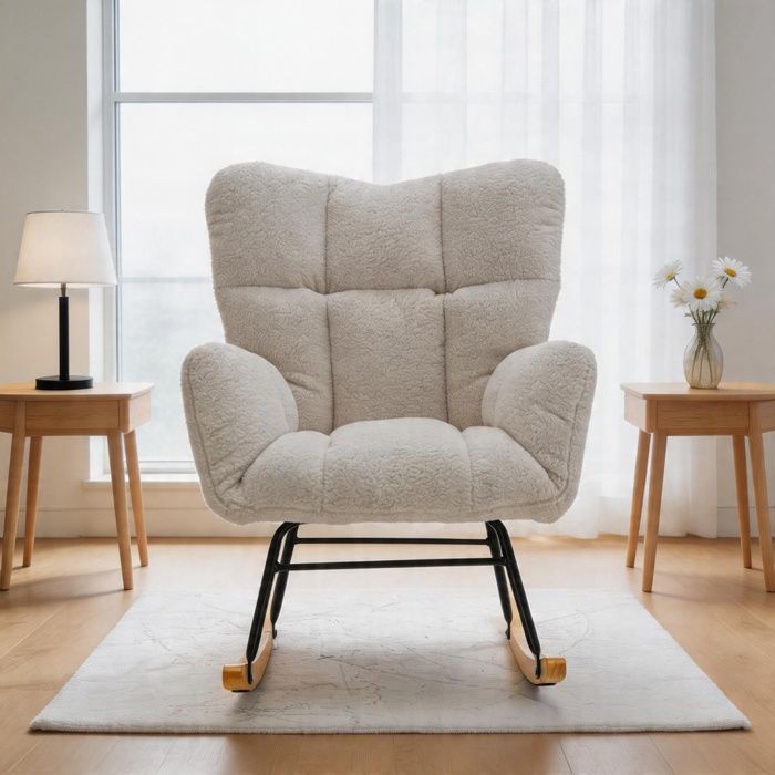 Fauteuil à bascule - Mid Century - Tissu Teddy tufté - Structure bois massif & base métal - Blanc