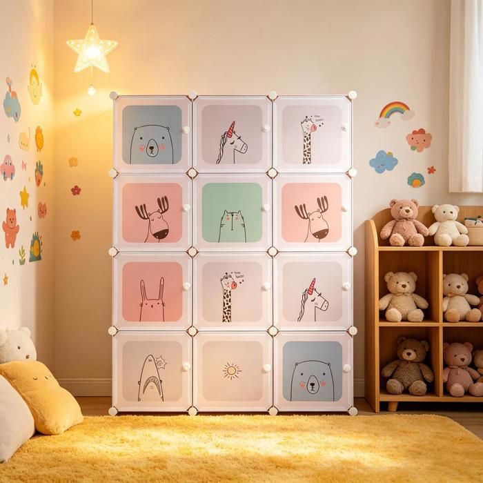 JEOBEST Armoire Modulable Chambre Penderie Portes avec Tringle Meuble Rangement Enfant 4 Niveaux 12 Cubes 105 × 35 × 140cm
