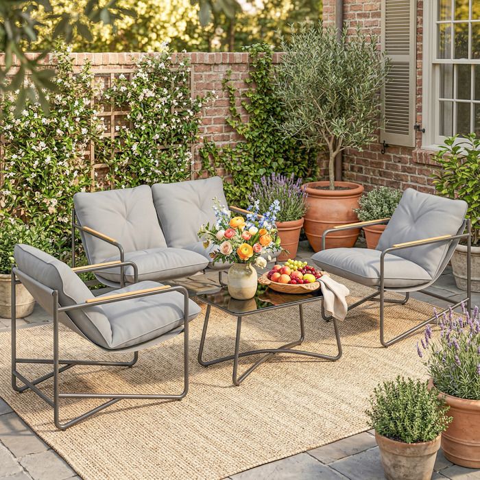 Salon de Jardin 4 Pièces Ensemble avec Canapé 2 Places 2 Fauteuils et Table Basse Verre Trempé Coussins 13cm Gris Clair