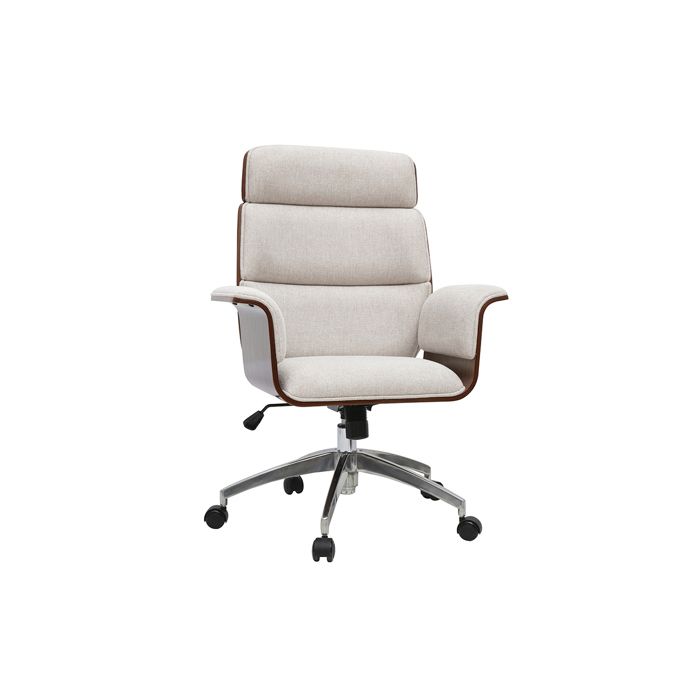 Miliboo - Fauteuil de bureau à roulettes design en tissu effet velours texturé beige bois foncé et acier chromé ELON Miliboo - Fauteuil de bureau à roulettes design en tissu effet velours texturé beige bois foncé et acier chromé ELON