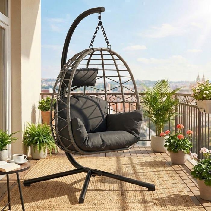 Fauteuil Suspendu en rotin avec Structure en métal - Chaise à accoudoirs en rotin pour Jardin - Gris rotin