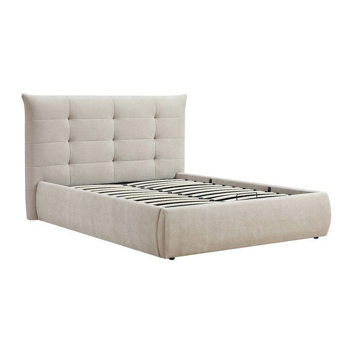 Lit coffre 160 x 200 cm avec tête de lit capitonnée – Tissu – Beige - DORMELINA