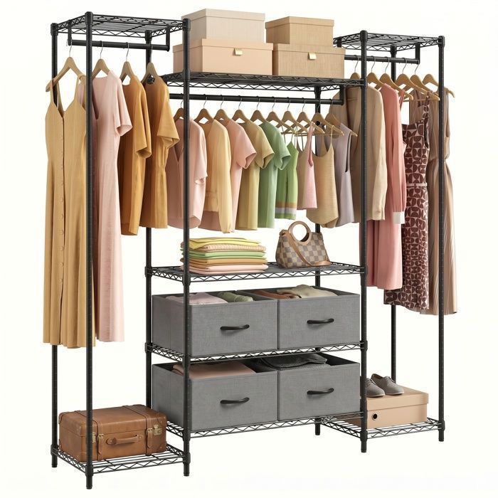 Portant à Vêtements - HOMDOX - Penderie avec 6 Étagères 3 Tringles et 4 Tiroirs en Tissu Armoire de Chambre Gain de Place Noir
