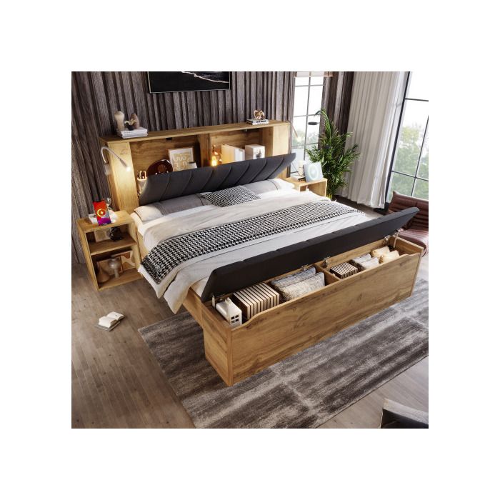 Lit 180x200 avec sommier et tête de rabattable Lit Coffre 180x200 avec 2 tables et chevet banquette et lampes de lecture Chêne