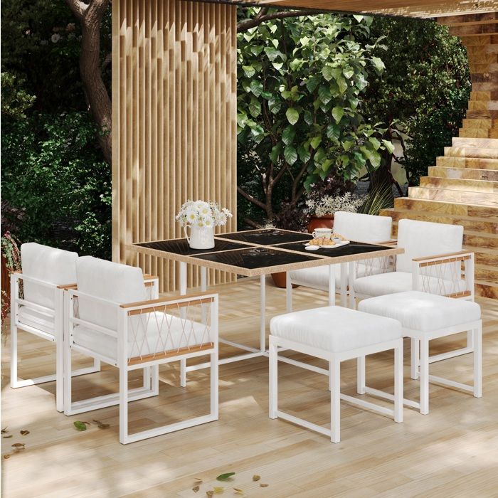 Salon de jardin 7 pièces avec table en verre trempé 6 places finition polyester et accoudoirs en WPC pour extérieur