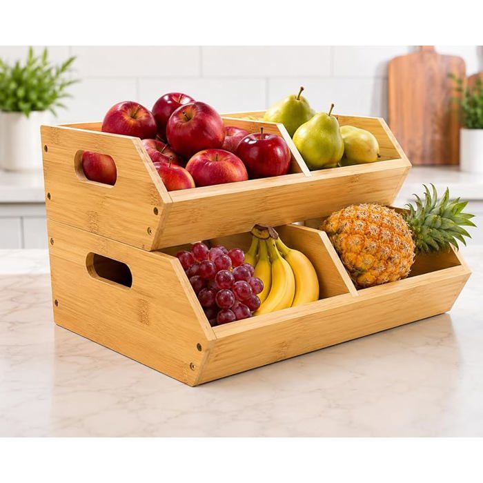 Lot de 2 bacs de rangement empilables en bambou pour légumes organisateurs et paniers de rangement pour cuisine et ga PORTE FRUITS