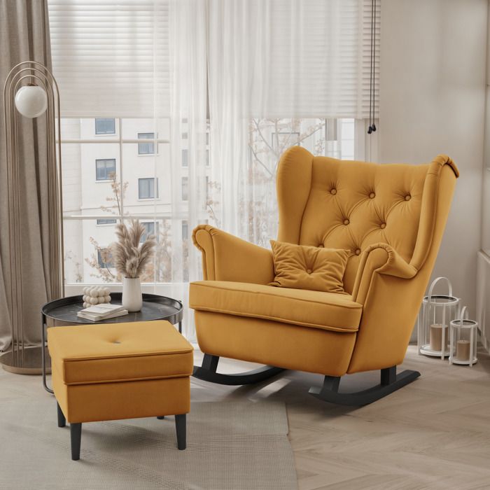 Fauteuil à Bascule SCANDI - avec repose-pieds - Scandinave - 75x60x97 cm - Jaune