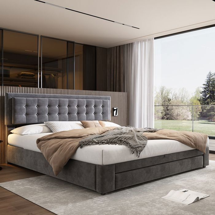Lit Double Velours Gris Anthracite-Sommier Lattes-Tête Rangement Tiroirs 160x200cm-sans Matelas