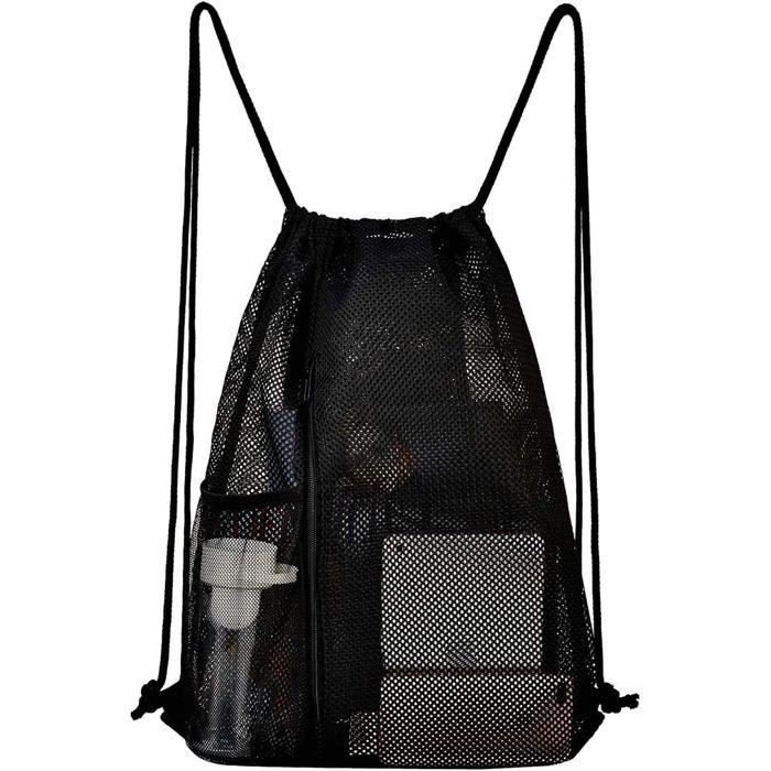 Sac à dos filet sport à cordon modèle grande capacité avec poche zippée pour ballon de foot et plage