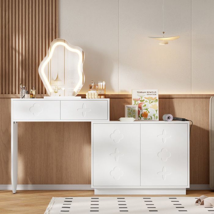 Coiffeuse coiffeuse avec miroir LED Coiffeuse lumineuse réglable 2 tiroirs+4 compartiments de rangement pour Chambre 160x40x132cm