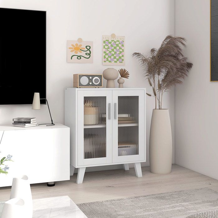 CollaHausse Buffet 2 Portes Transparentes 2 Étagères Cuisine ou Entrée Blanc 61x35x75 cm