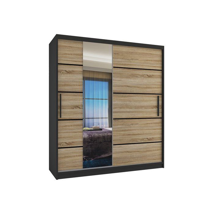 BELINI Grande Armoire 2 Portes Coulissantes VERONA MBP 133 cm - Noir / Chêne Sonoma - Miroir Intégré & 2 Tiroirs - Chambre Adulte