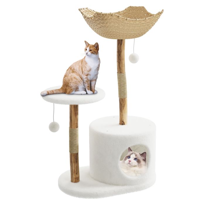 Arbre à Chat Design en Bois Massif & Rotin Panier Tressé Grande Niche Multi-Niveaux - Idéal Chats Adultes