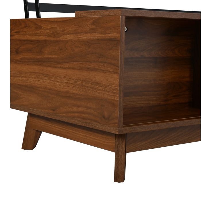 Table basse rétro moderne 90 x 55 x 57 5 cm en MDF aspect noyer plateau relevable et porte à jalousie coulissante