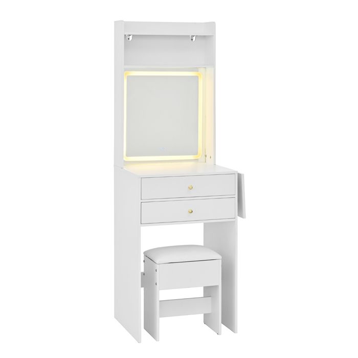 Une coiffeuse blanche avec éclairage LED réglable un tabouret deux tiroirs et une table pliante