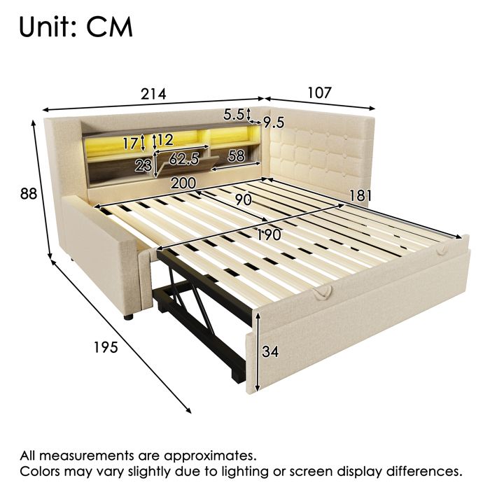 Lit capitonné 90x200 cm beige lin avec lit gigogne 90x190 cm LED coffre rangement tête L réversible et sommier