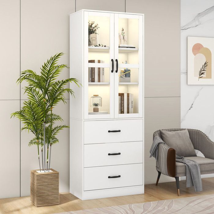Vitrine blanche avec éclairage LED - Hauteur 200 cm - 3 tiroirs - 2 étagères amovibles - Éclairage LED intégré