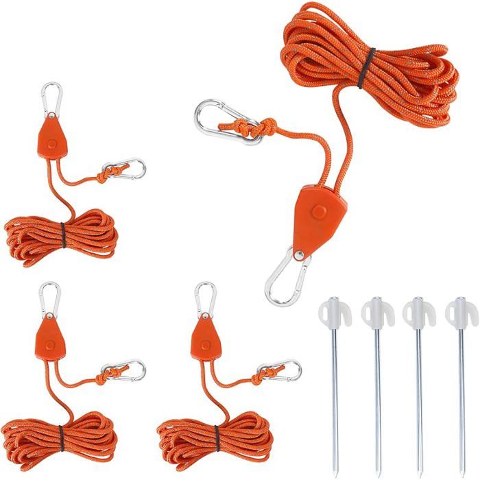 Tendeur Corde 4 Pièces Poulie à Cliquet Régble 4 Mètres Tendeur Voile Ombrage avec 4 Piquets de Tente pour Monter