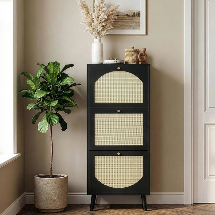 Meuble à Chaussures - ALIGHTUP - 3 Portes Inclinables en Osier Noir 54 x 24 x 135 cm