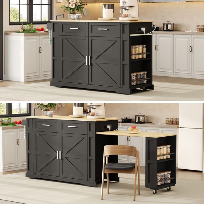 Îlot central cuisine 7 roulettes avec bloc multiprise et 2 tiroirs Desserte avec porte-torchon et double porte Noir Chêne