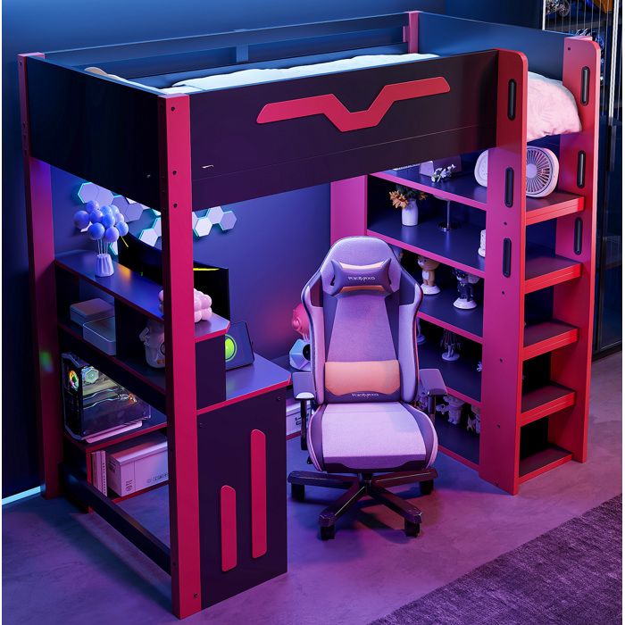 Lit Mezzanine Simple 90×200 cm Bureau LED et Rangements - MIVRAY - Escalier de Rangement Sans Matelas Noir + Rouge