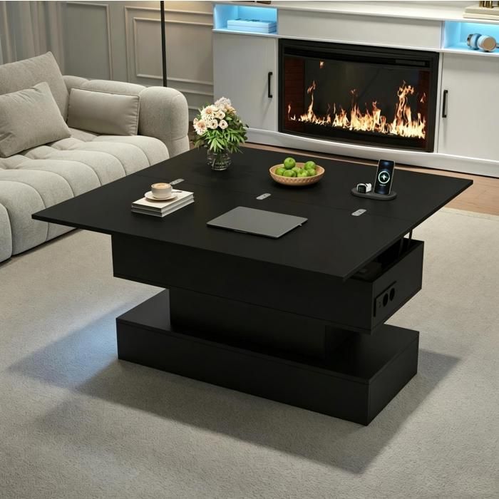 Table basse relevable noire 100 x 50 x 51 5 cm avec LED prise intégrée rangement caché et hauteur réglable