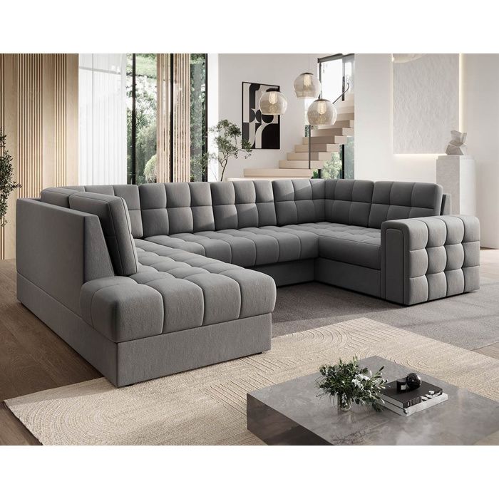 Nappa - Canapé panoramique dangle droit 7 places convertible avec coffre en velours - Gris clair