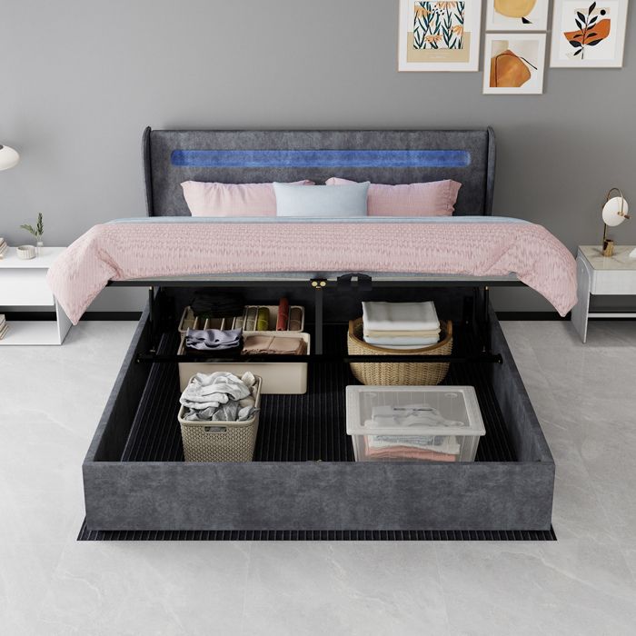 ULEVR Lit coffre 160 x 200 cm gris avec tête de lit LED sommier à lattes et matelas mémoire de forme inclus