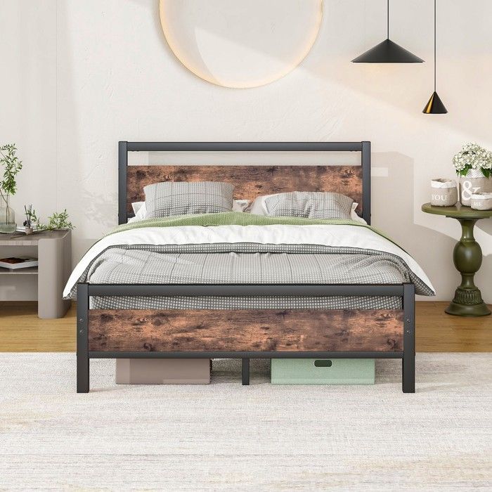 Lit cadre métal et bois 140x190 cm simple avec sommier à lattes rangement pour enfant et adulte lit dappoint