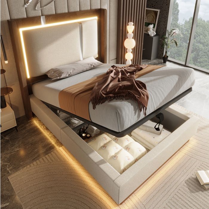 Lit coffre beige et noyer 90 x 200 cm LED intégrée sommier à lattes rangement hydraulique sans matelas