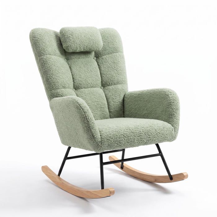 JoyGarden Fauteuil à bascule rembourré high back velours doux pour nursery chambre salon bureau - Teddy fleece Light green
