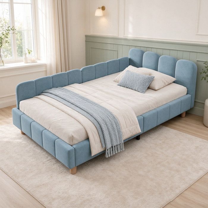 Bladez - Lit capitonné 90x200 cm lit simple avec tête de lit capitonnée et barrières de sécurité lit enfant en Velours - Bleu