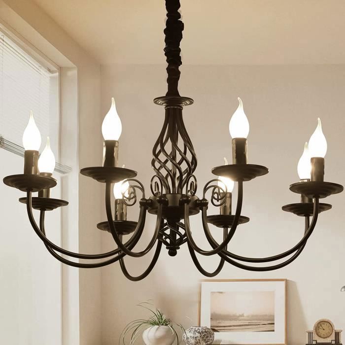 Ganeed Lustre noir lustres de campagne français en métal à 8 lumières pour ferme de cuisine dîle salle à manger foyer E14
