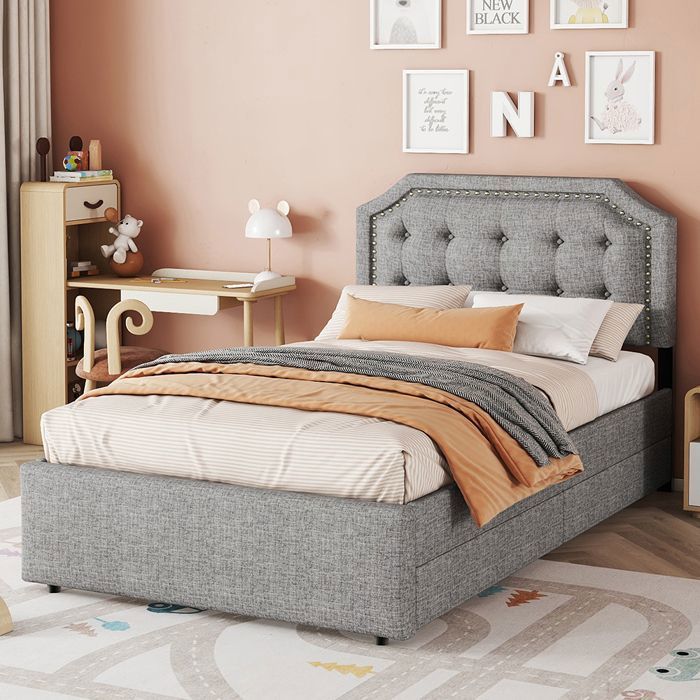 Lit adulte - PUGSDRLY - Lit 90x200 - Rembourré lin+MDF - 2 tiroirs - Tête de lit capitonnée