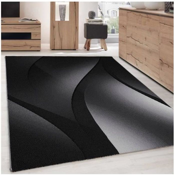 Tapis moderne poil court pour le salon avec un design abstrait vagues facile entretenir Couleur: Noir Taille: 80 x 150 cm